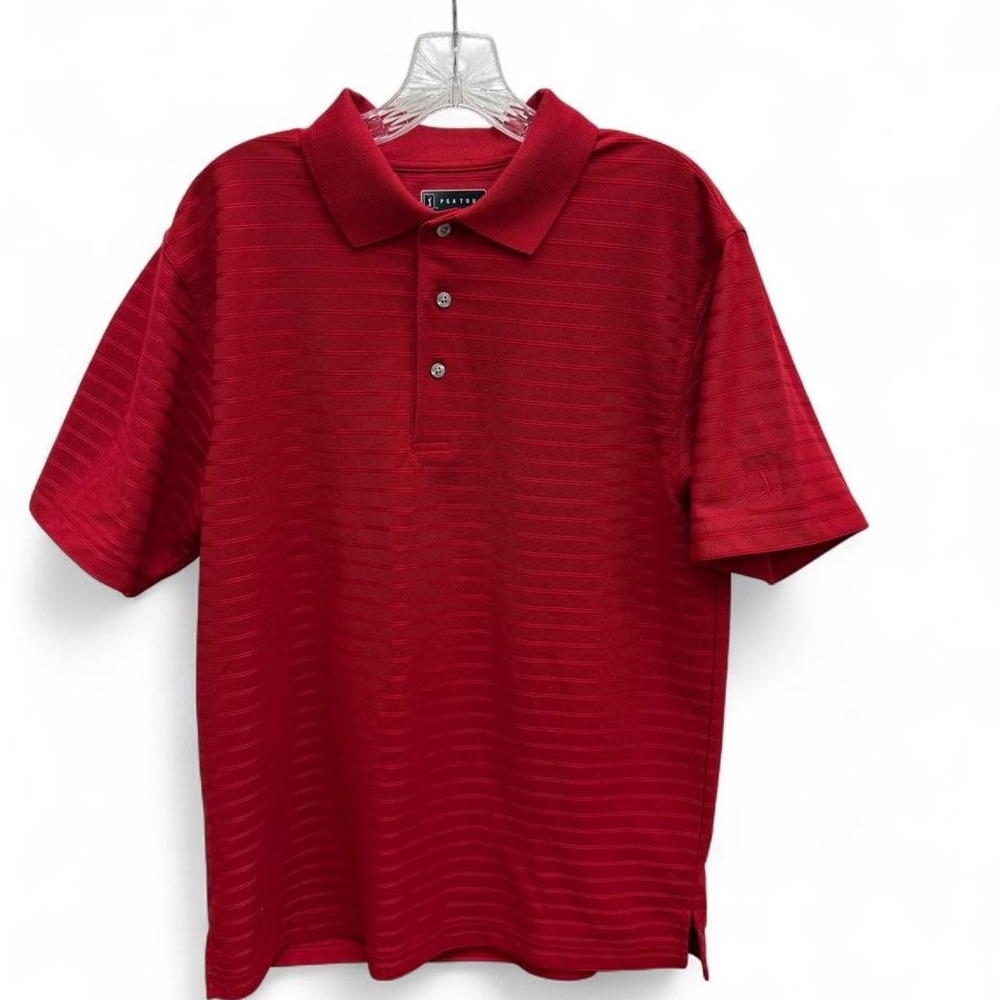 PGA Tour Mens Medium Red Textured Horizontal Stripe Short Sleeve Golf Polo